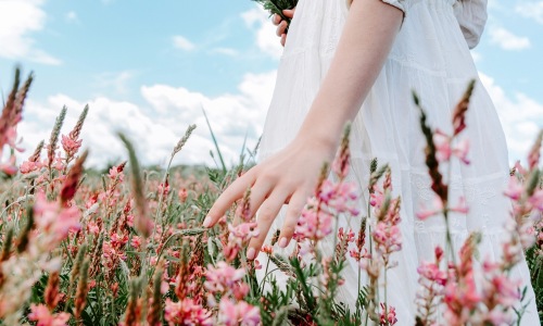 August blog Woman walking through pink flowers
