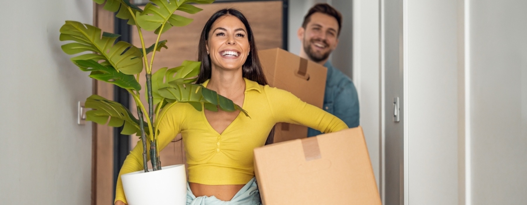 happy couple moving together